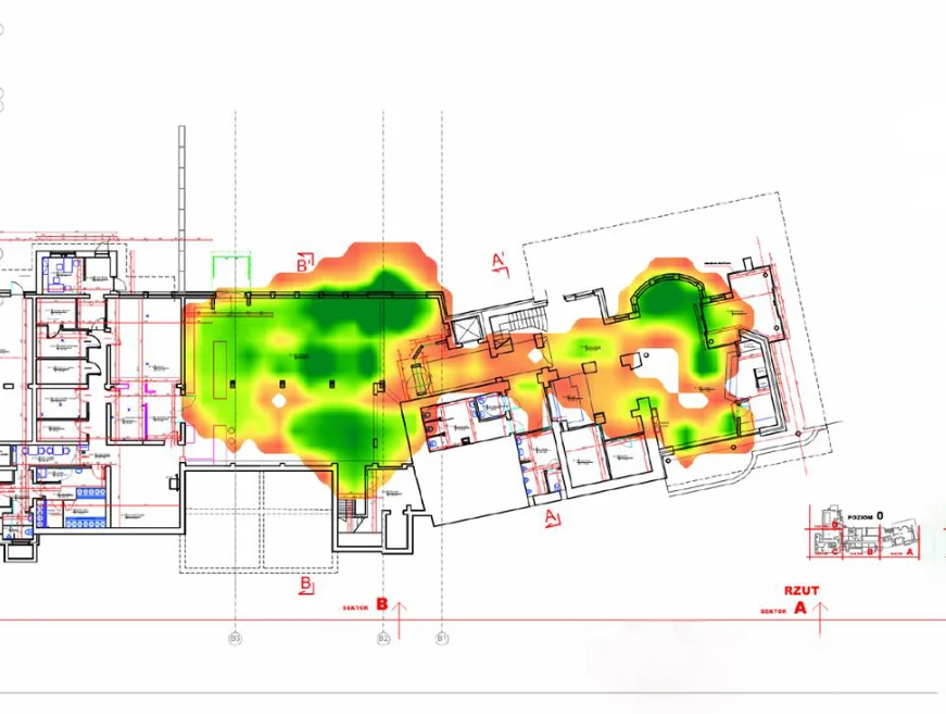 Hotel WiFi survey — Ekahau heatmap measurement of signal coverage and interference in hotel building