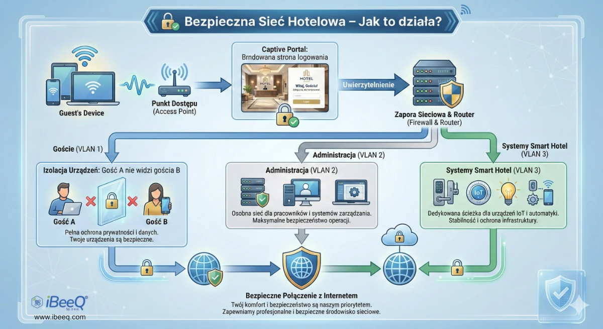 Hotel network security and guest authentication — captive portal and VLAN segmentation in practice