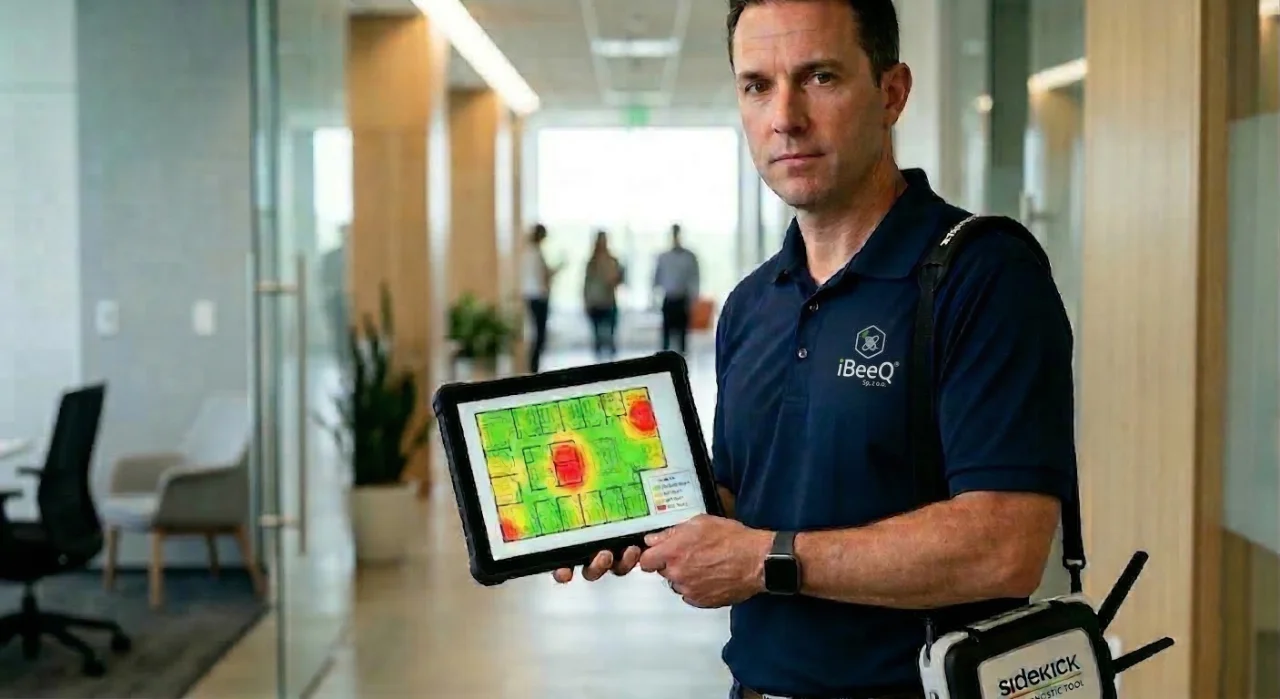iBeeQ technician performing WiFi heatmap measurements in a hotel corridor