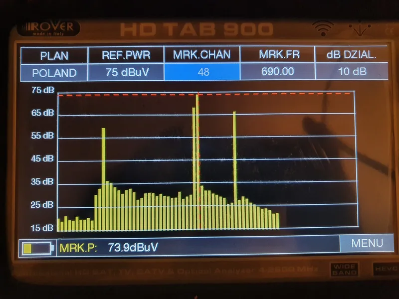 Mesure du signal TV à l’analyseur de spectre — canal 48, 690 MHz, 73,9 dBµV