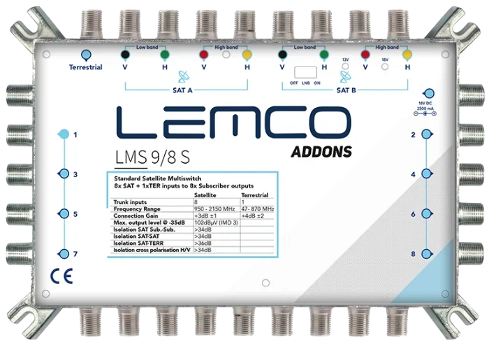 Multiswitch firmy Lemco LMS-98S do odbioru kanałów TV z dwóch satelitów i anteny naziemnej. Przeznaczony od odbioru przez 8 telewizorów.