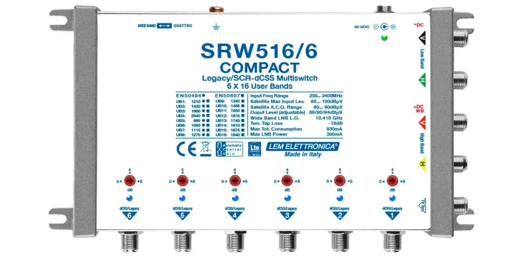Multiswitch hybrydowy firmy LEM Elettronica SRW 516/6 pozwala podłączyć 16 odbiorników telewizyjnych w standardzie jednokablowym i/lub 6 odbiorniików w trybie Legacy.