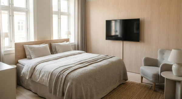 Przykład poprawnie dobranego telewizora hotelowego do małego pokoju – inspiracja dla konfiguratora iBeeQ.