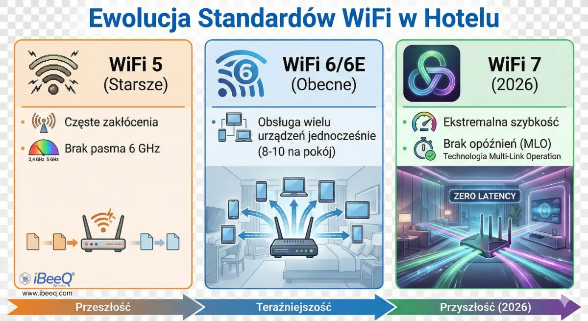 Infografika porównująca standardy WiFi 5, WiFi 6 i WiFi 7 w hotelu