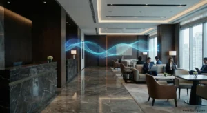 Nowoczesne lobby hotelowe z wizualizacją szybkiego sygnału sieci WiFi 7 oraz gośćmi korzystającymi z urządzeń mobilnych w standardzie 2026.