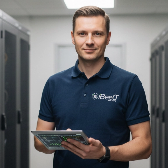 Inżynier iBeeQ podczas audytu infrastruktury IT w serwerowni hotelowej