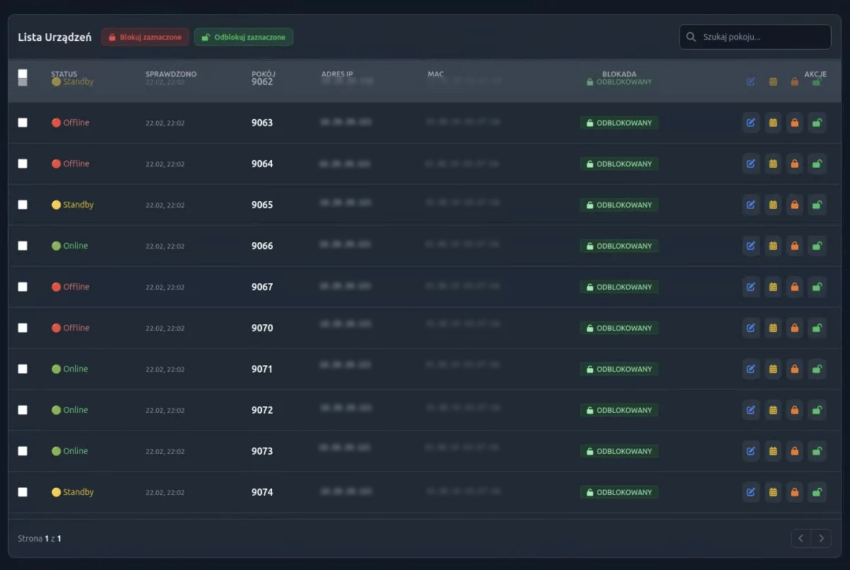 BeeControler panel lista urządzeń IP/MAC i blokady
